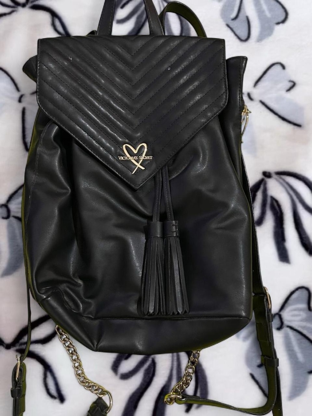 Victoria's Secret Black Quilted Tassel Backpack with Heart Logo